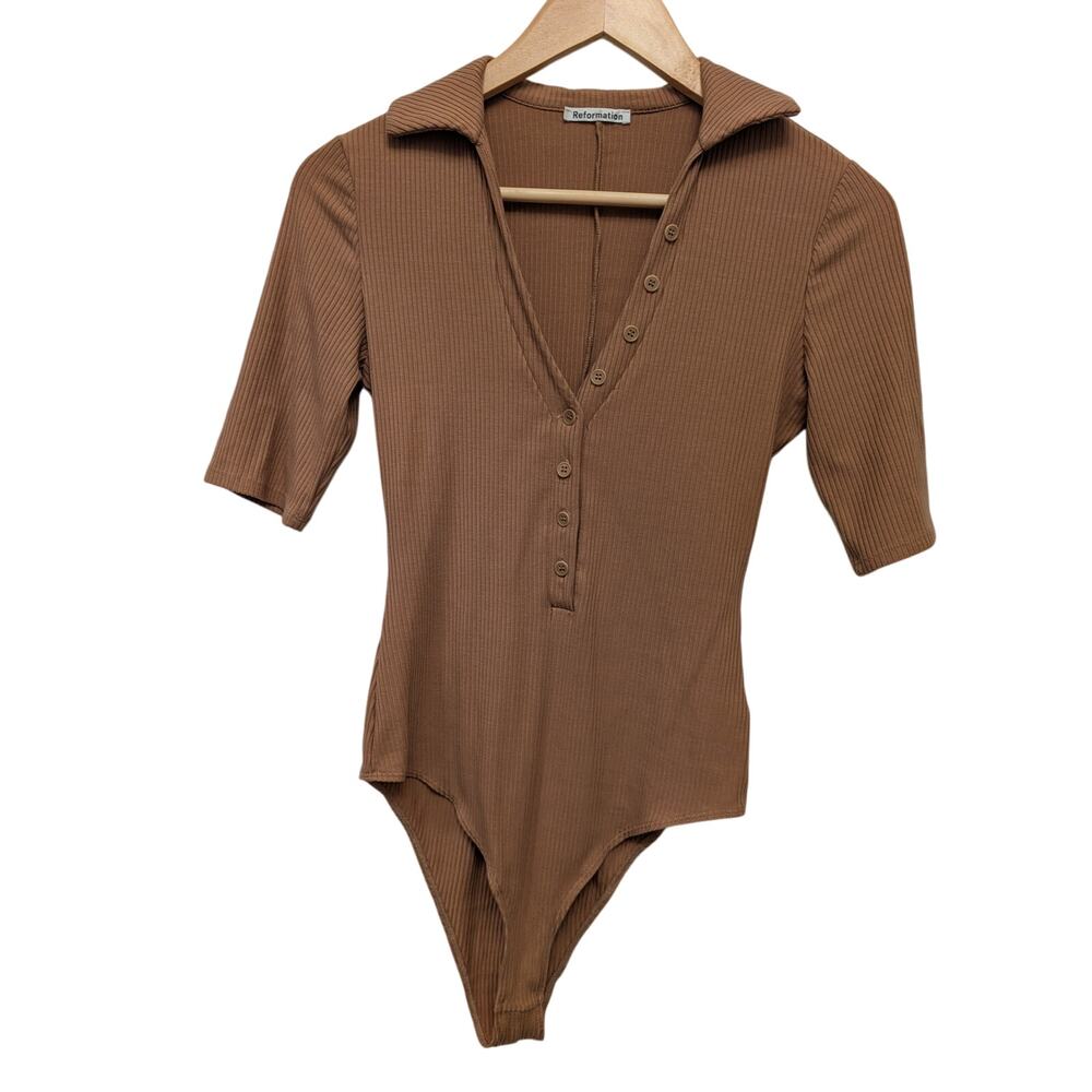 Reformation Rita Ribbed Bodysuit Light Brown Womens Sze S Stretch Tencel Lyocell
